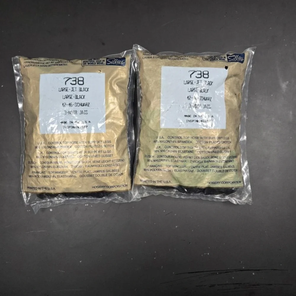 Lot of 2 Silkies Control Top Pantyhose 738 Jet Black Large‎ Support Legs Vintage